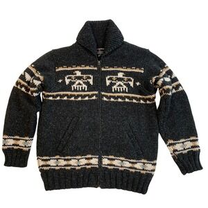 Lost Horizons Handcrafted Wool Thunderbird Zip Cardigan Sweater Charcoal XS